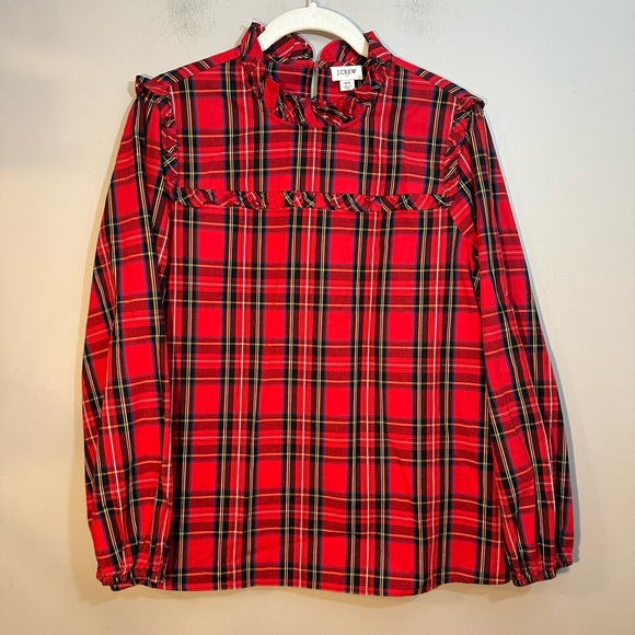 J Crew BC856 NWT Size XS Gorgeous Red Tartan Plaid Ruffled Cotton Popover Top - Picture 4 of 10